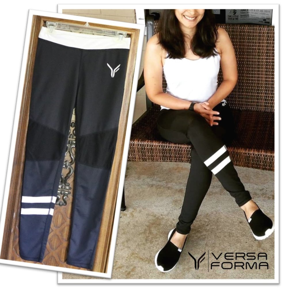 VERSA FORMA Mesh Performance Striped Athletic Leggings - Black/ White, Size Jr.M